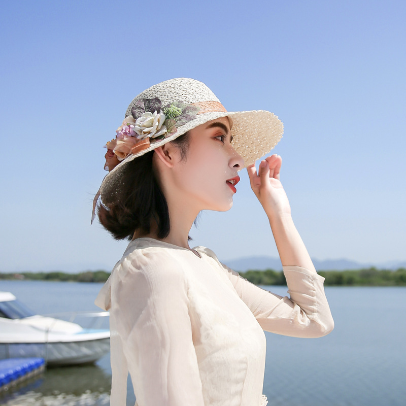 2018新款帽子花团草帽夏季出游太阳帽女士沙滩帽草编防晒遮阳帽细节图