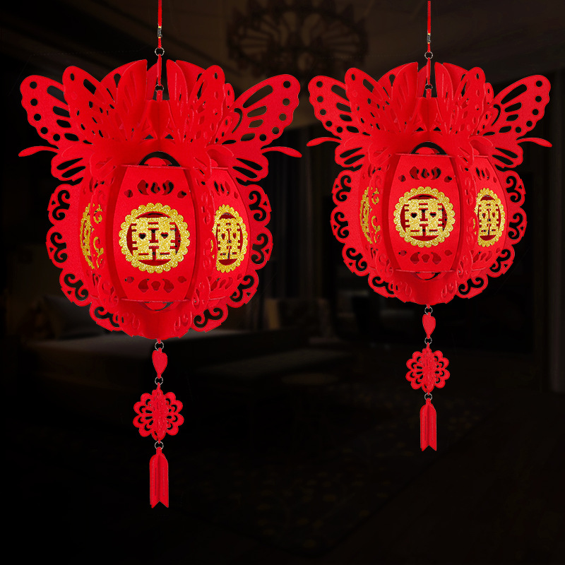 Wholesale wedding room decoration supplies creative non-woven cloth gold butterfly hanging basket happy word lantern hanging trumpet thumbnail