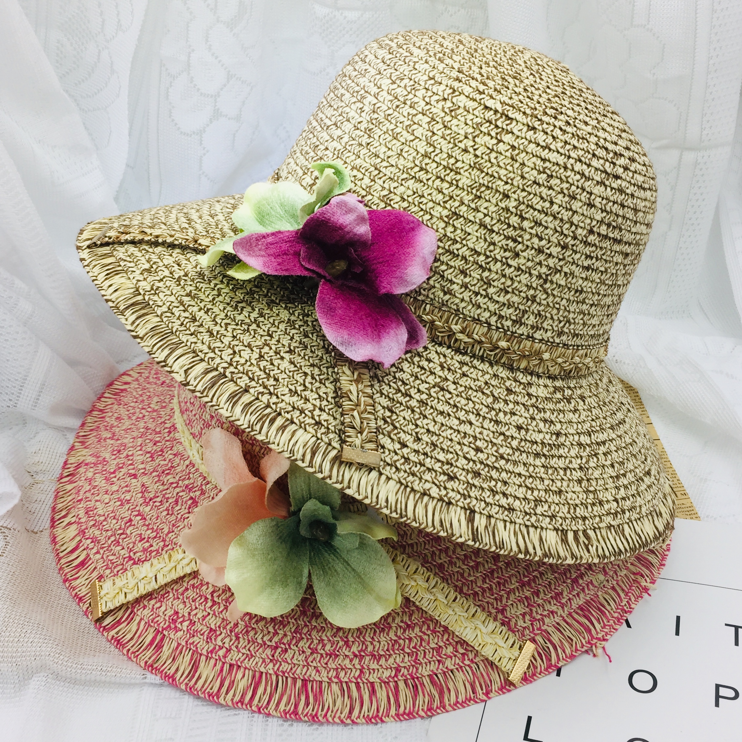 Fashion flower candy color sun block sunshade fisherman hat straw hat new Korean version of leather rope bow parent-child hat spring and summer thumbnail