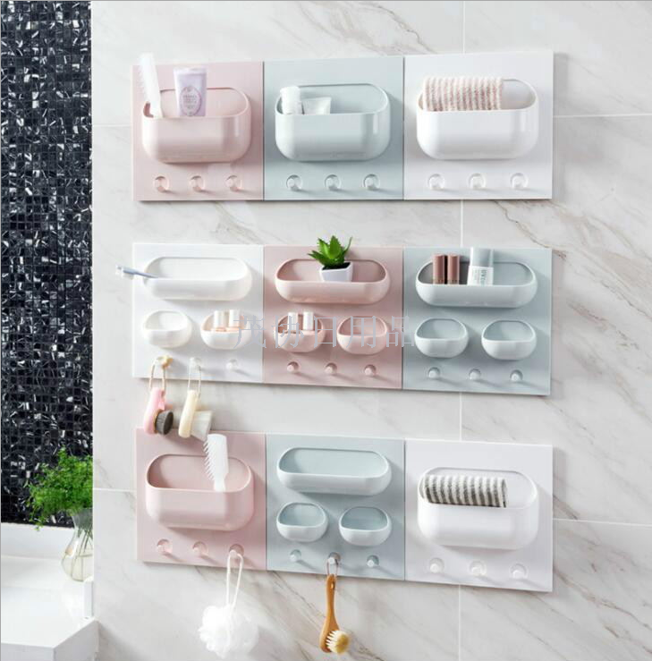 Strong adhesive hook storage rack for kitchen supplies. Plastic storage rack for bathroom wall