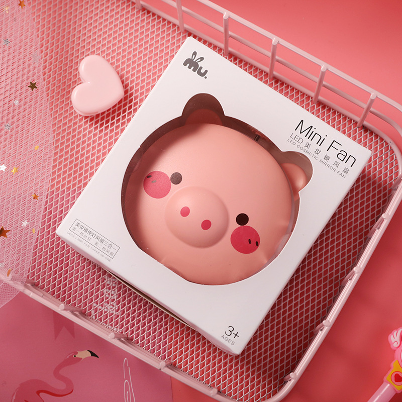 Cartoon mini bear fan, usb charging, portable and cute little pig creative LED beauty mirror small fan Specification image
