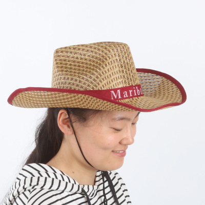 Wholesale three-leaf wide-brimmed straw hat, beach summer farmer hat, men's western cowboy hat details Picture