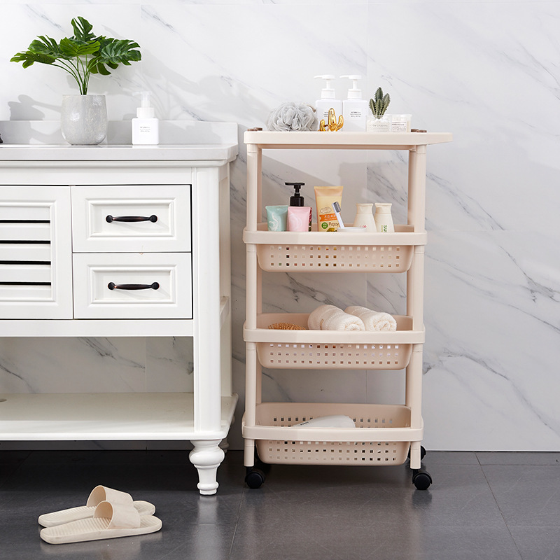 Plastic multi-layer hand-pushed storage rack, kitchen storage basket, bathroom organizing storage rack Application Scenario