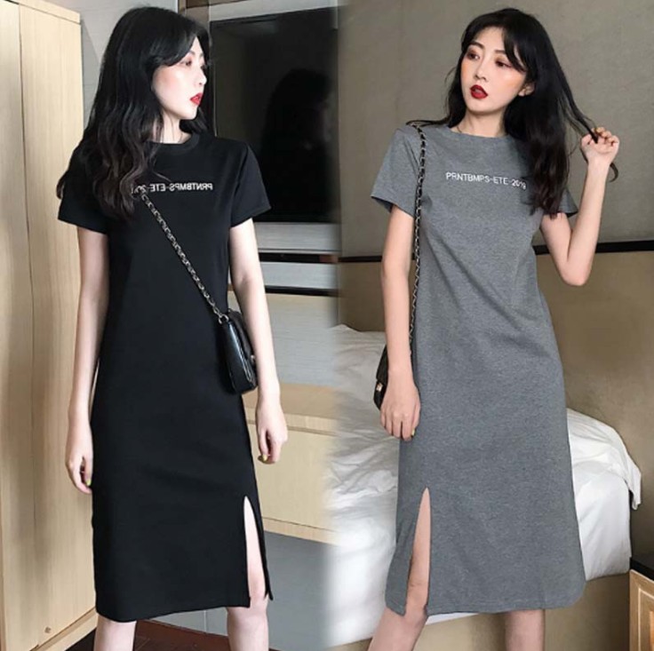 Slit letter short sleeve dress women's loose medium length over the knee black T-shirt dress