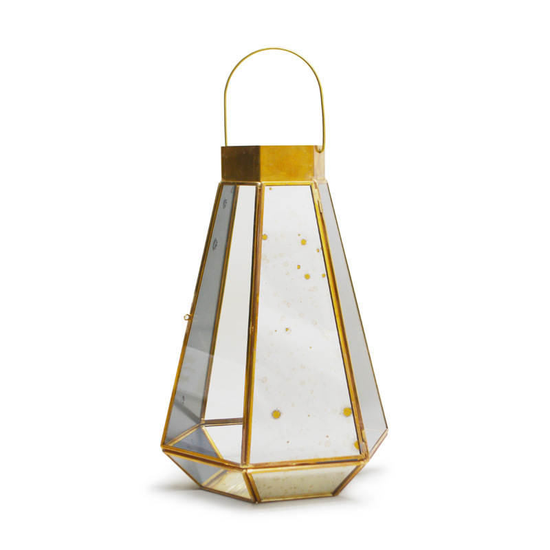 Brass hexagonal platinum retro mirror glass lantern portable candlestick