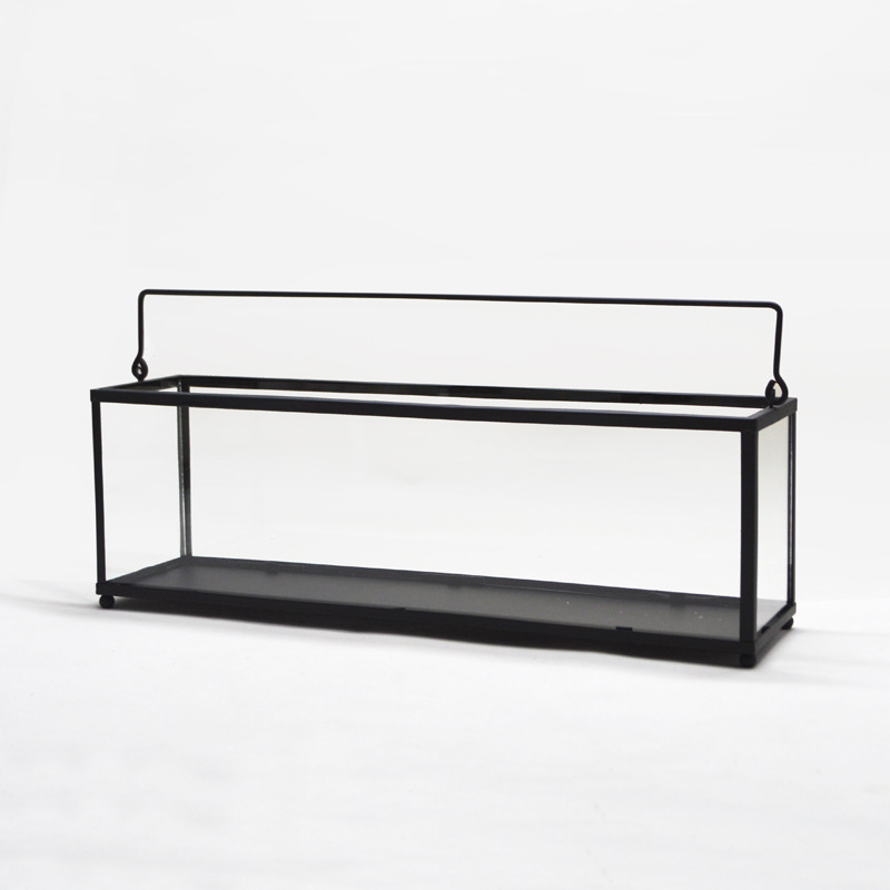 Glass planter containers are planted with long metal inlays