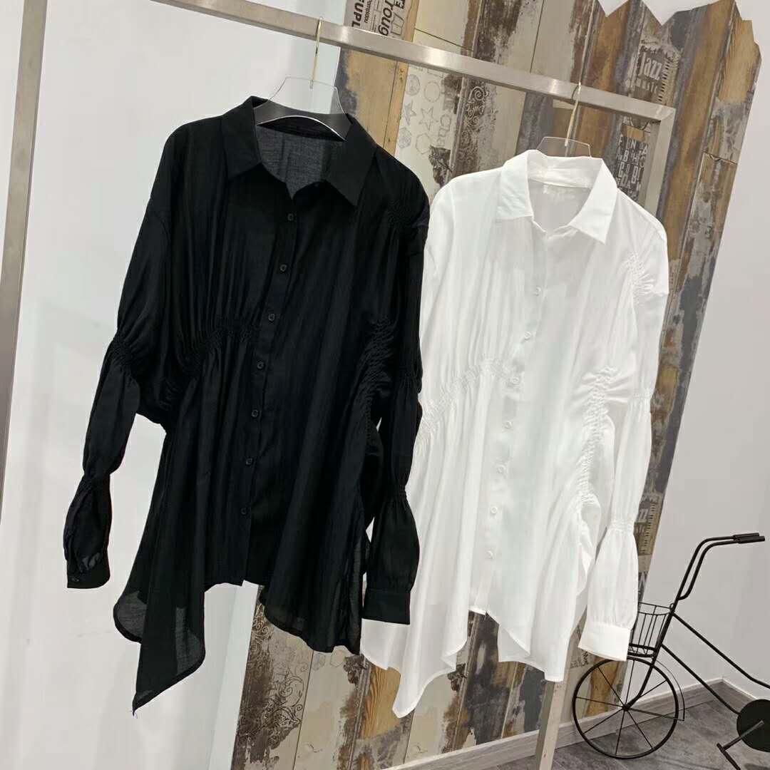 Loose long-sleeved shirt women's chiffon shirt irregular medium long thin solid color shirt
