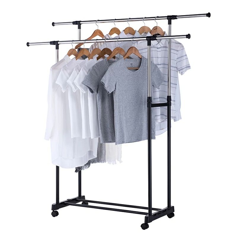 Clothes rack floor drying rack with wheel drying rack Bedroom balcony double pole movable clothes rack gift gifts thumbnail