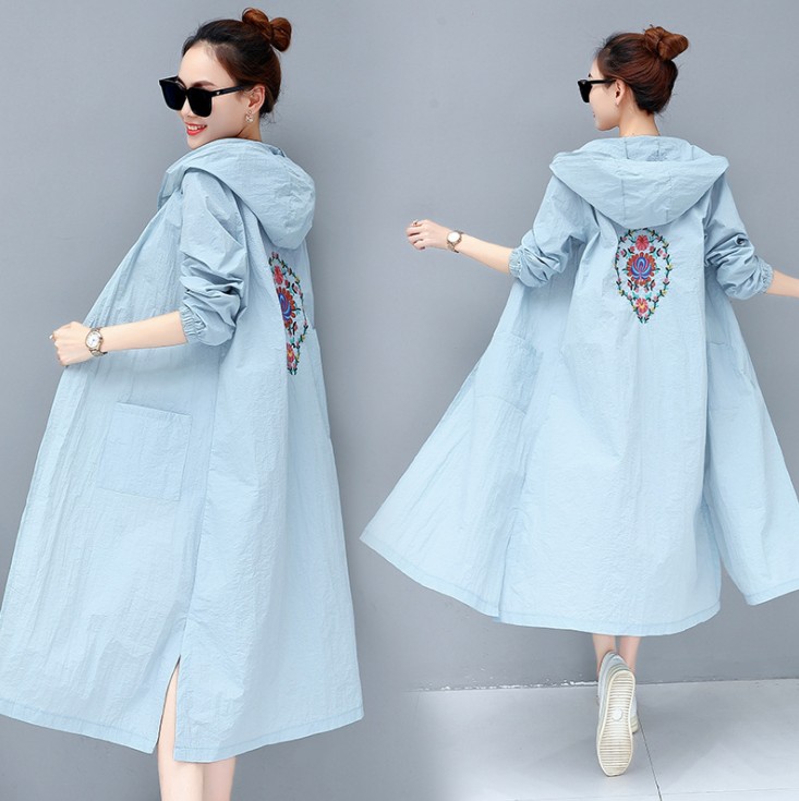防晒服女透气沙滩连帽防晒衣服中长款外搭刺绣薄