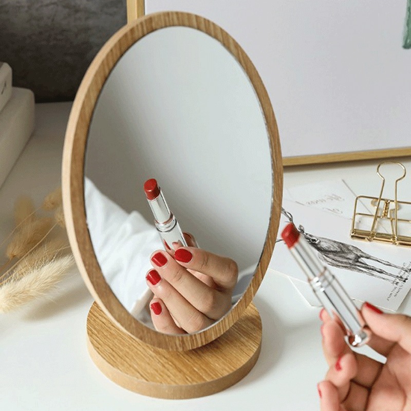 新款木质椭圆台式化妆镜子女高清单面梳妆镜美容镜学生宿舍桌面镜
