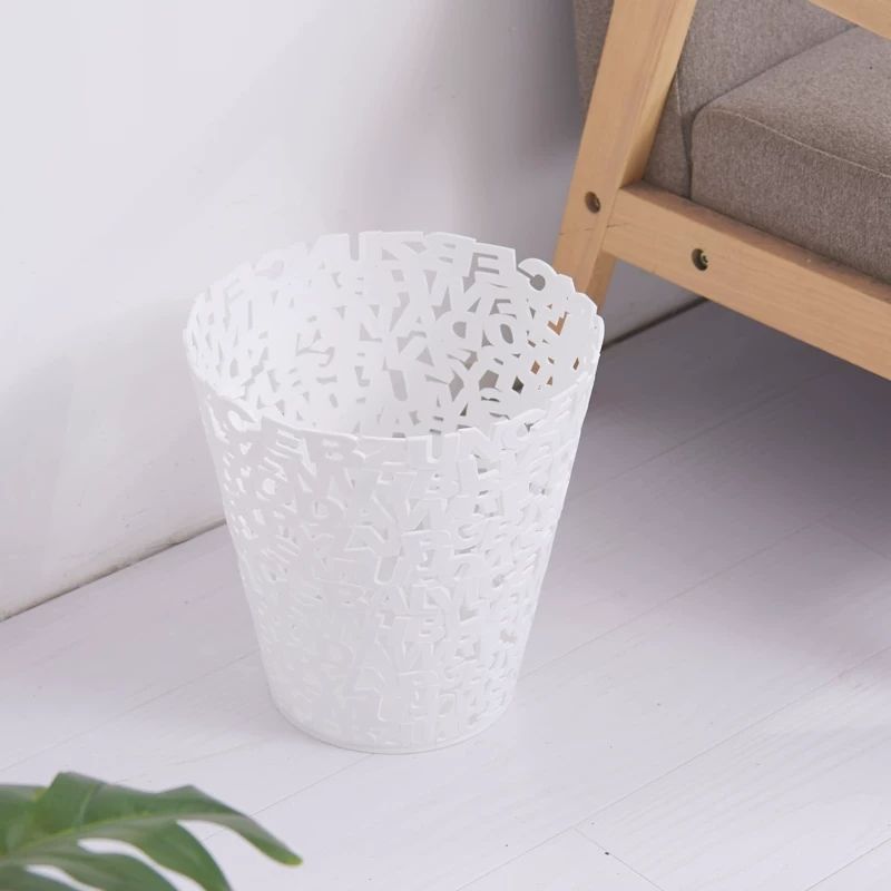 Hollowed-out letter trash can, creative uncovered garbage basket, household living room, kitchen and bathroom paper basket, plastic garbage bin details Picture