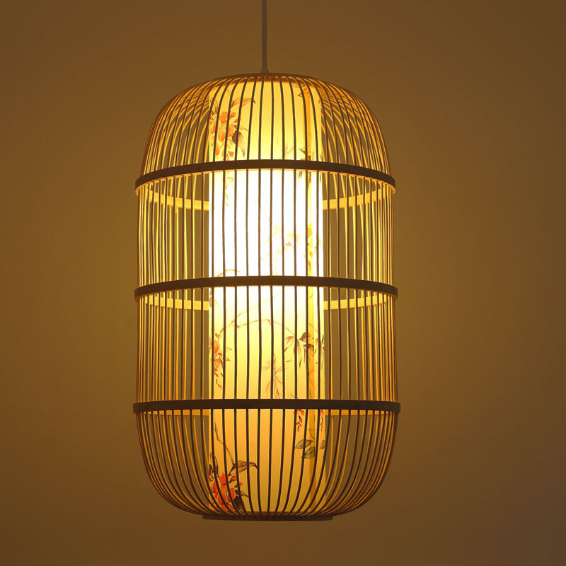 Bamboo birdcage chandelier in new Chinese restaurant teahouse