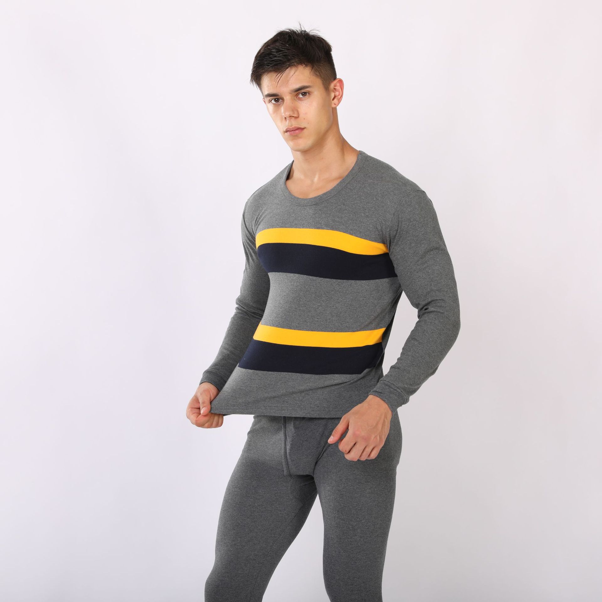 New Men's Cotton Long Johns Wholesale Striped Jacquard Knitted Cotton Thermal Underwear A Generation Specification drawing