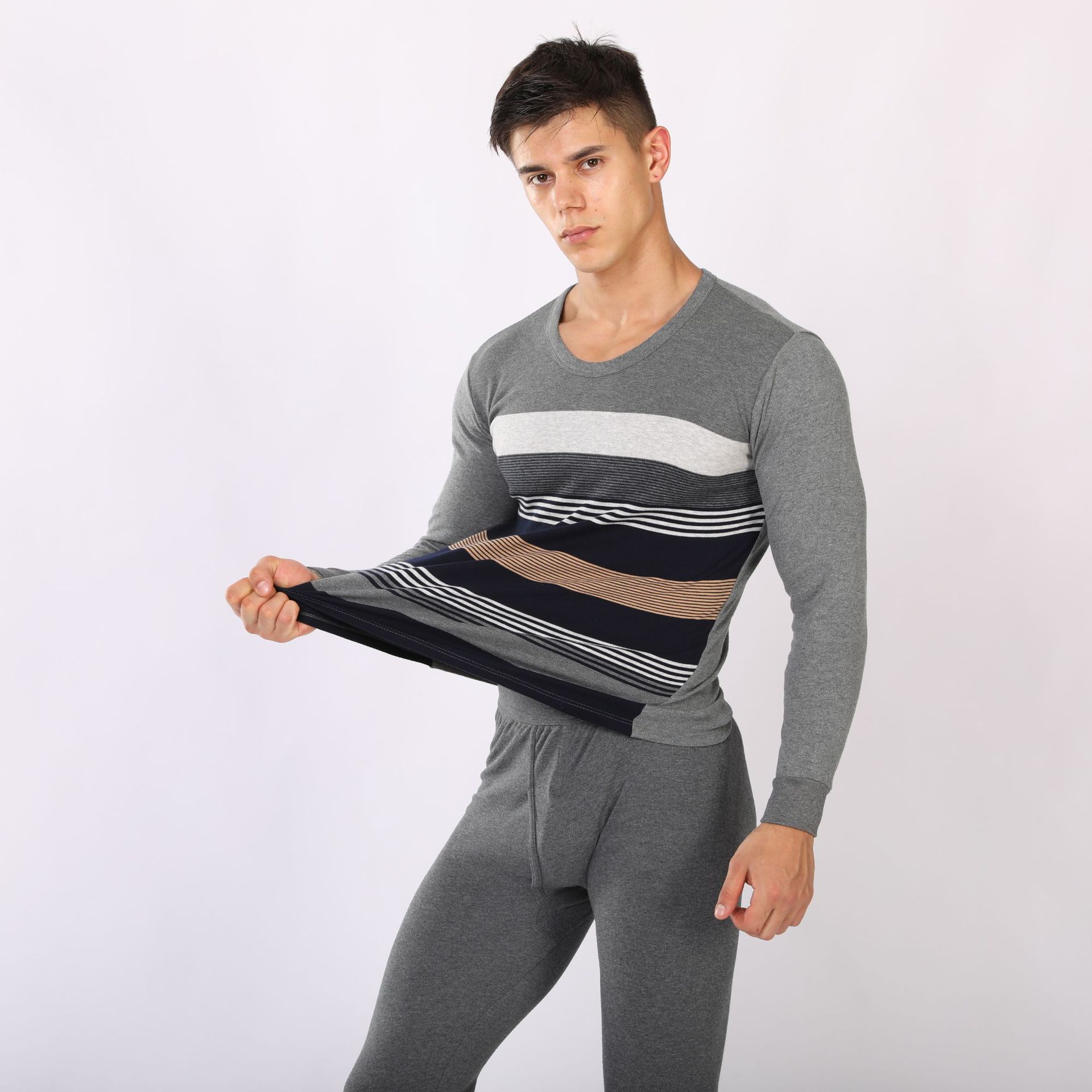 New Men's Cotton Long Johns Wholesale Striped Jacquard Knitted Cotton Thermal Underwear A Generation details Picture