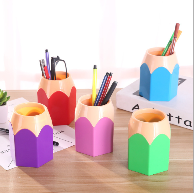 Creative and cute pencil tip, color-blocking pen holder, office and study stationery, desktop storage bucket, large-capacity plastic pen holder Specification image