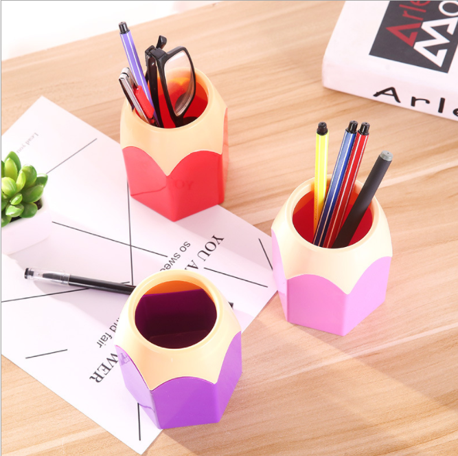 Creative and cute pencil tip, color-blocking pen holder, office and study stationery, desktop storage bucket, large-capacity plastic pen holder details Picture