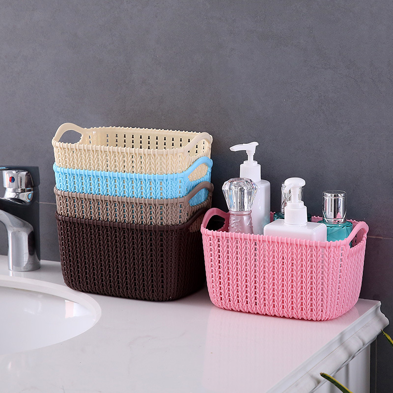 Creative imitation rattan woven storage basket, fruit draining blue hollowed-out double-ear storage basket details Picture