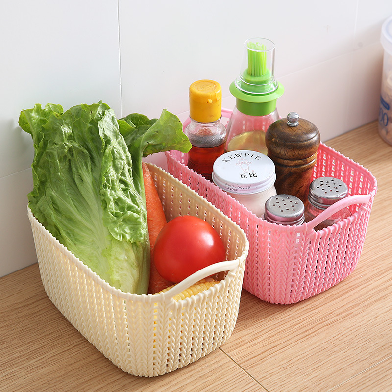 Creative imitation rattan woven storage basket, fruit draining blue hollowed-out double-ear storage basket Specification image