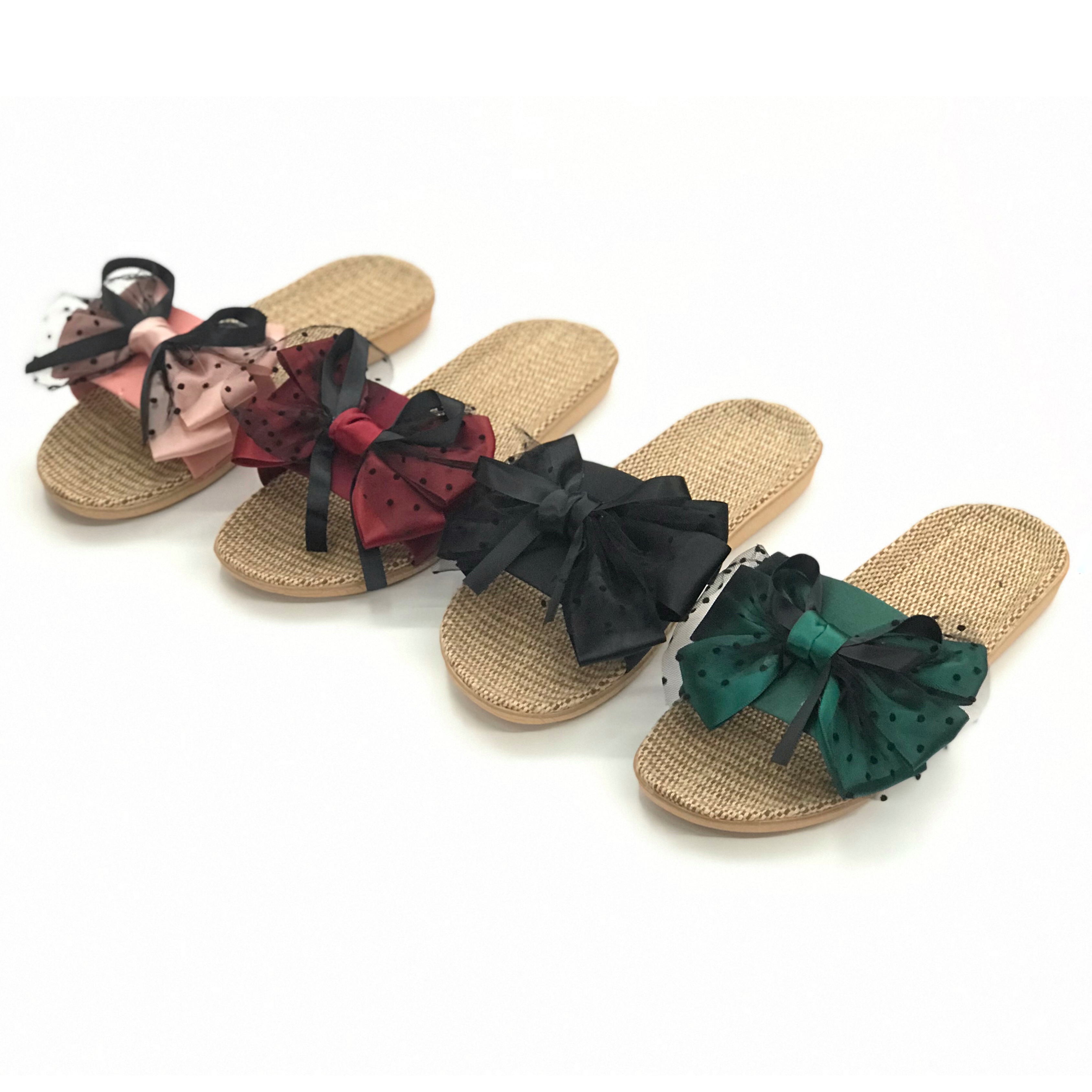 2019新款亚麻拖鞋室内木地板拖鞋 蕾丝蝴蝶结夏季凉拖 夏季拖鞋