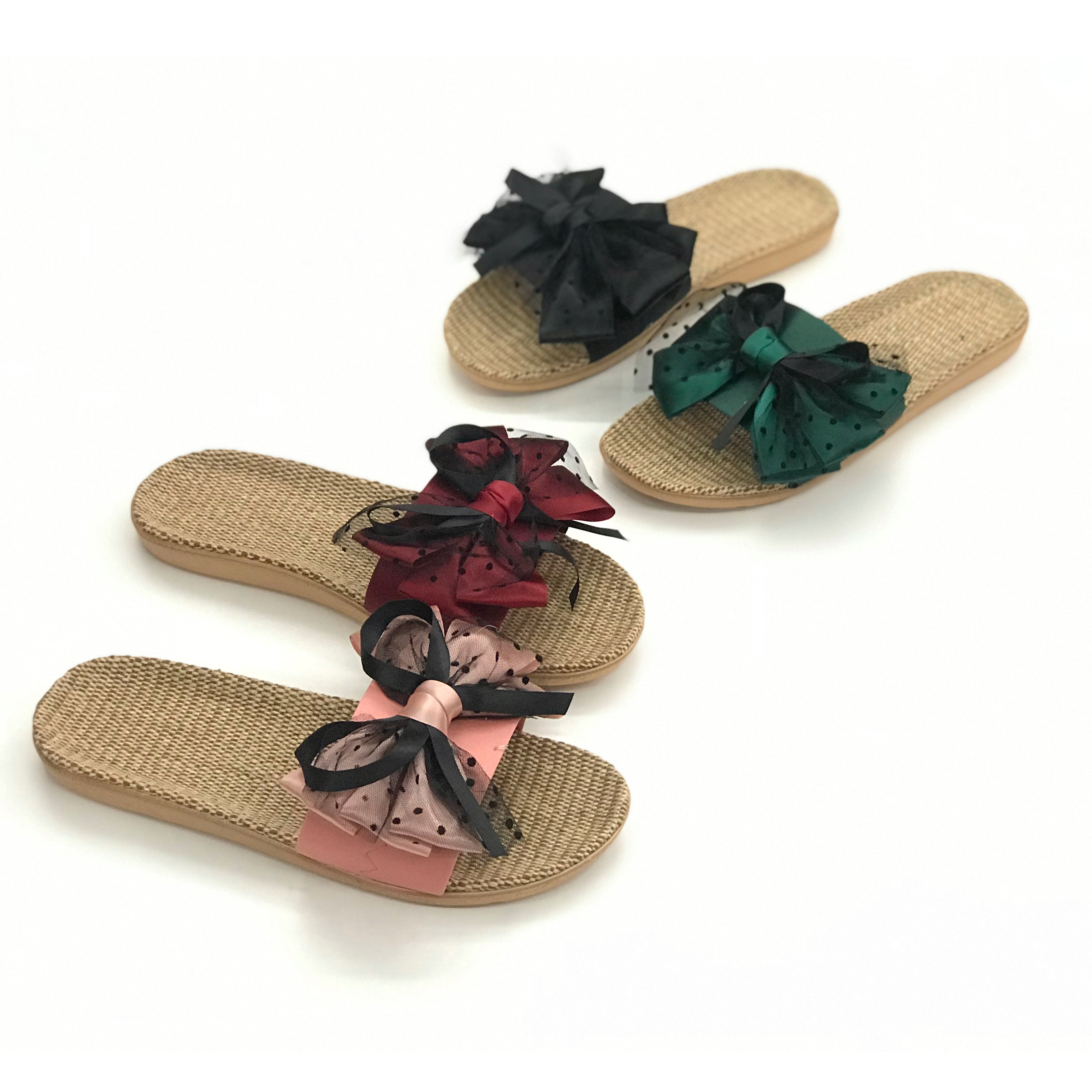 2019新款亚麻拖鞋室内木地板拖鞋 蕾丝蝴蝶结夏季凉拖 夏季拖鞋产品图