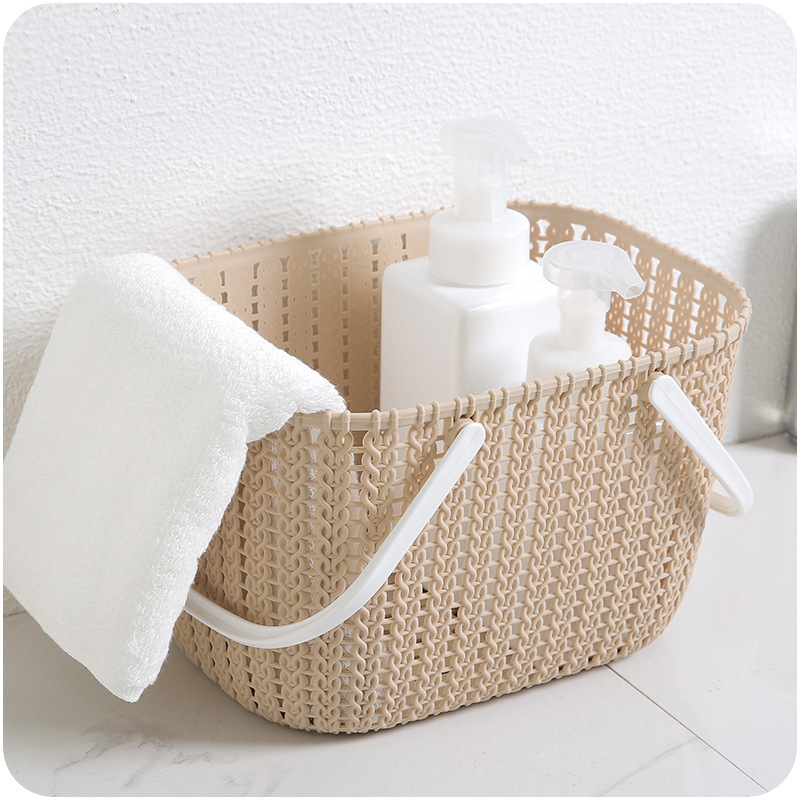 Desktop plastic hand-held basket storage basket, hand-held rattan-like bathroom bath storage basket Application Scenario