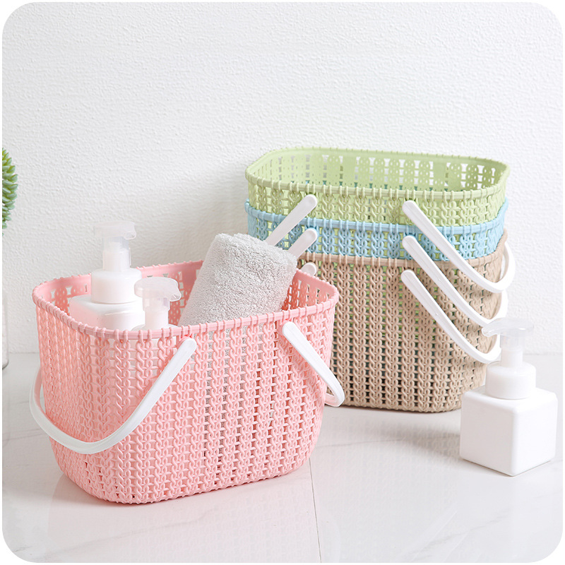 Desktop plastic hand-held basket storage basket, hand-held rattan-like bathroom bath storage basket details Picture