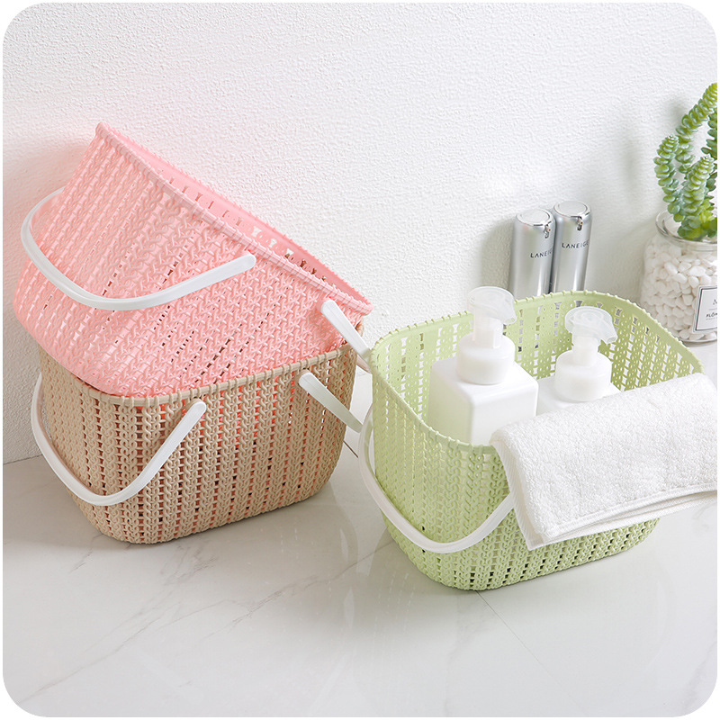 Desktop plastic hand-held basket storage basket, hand-held rattan-like bathroom bath storage basket Specification image