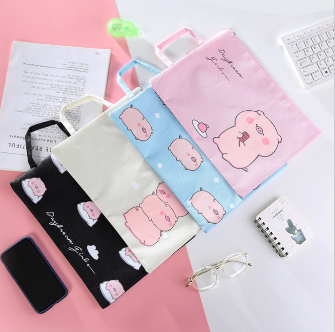 Cute little piggy A4 file bag, student handbag, girls' Oxford canvas information bag details Picture