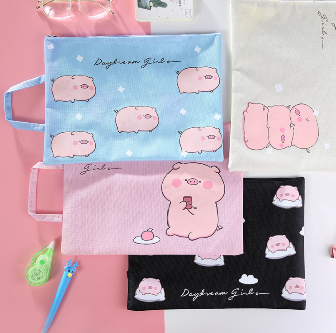 Cute little piggy A4 file bag, student handbag, girls' Oxford canvas information bag