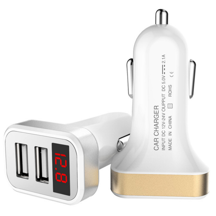 新款车载手机充电器带数字显示双usb2.1A汽车手机快速充 数显车充