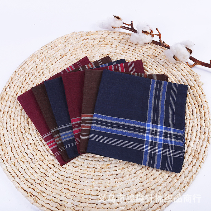 Cheap polyester-cotton men's woven striped one-flower three-color handkerchief sweat-absorbing towel classic style handkerchief is available for export Specification image