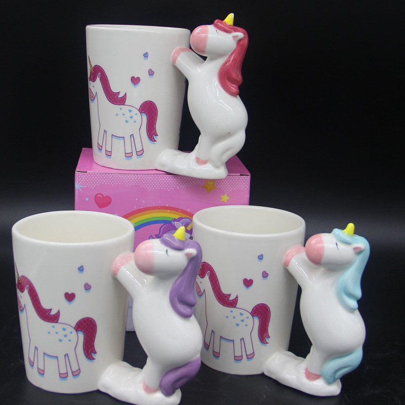 2019 new cute Unicorn Fat Pony handle cup tricolor cartoon pony handle Gift mug Specification drawing