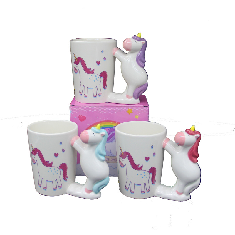 2019 new cute Unicorn Fat Pony handle cup tricolor cartoon pony handle Gift mug full figure
