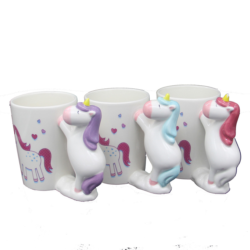 2019 new cute Unicorn Fat Pony handle cup tricolor cartoon pony handle Gift mug details Picture