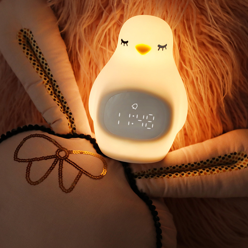 Super cute LED penguin Silica gel pat-light multi-function USB charging night light student snooze alarm clock