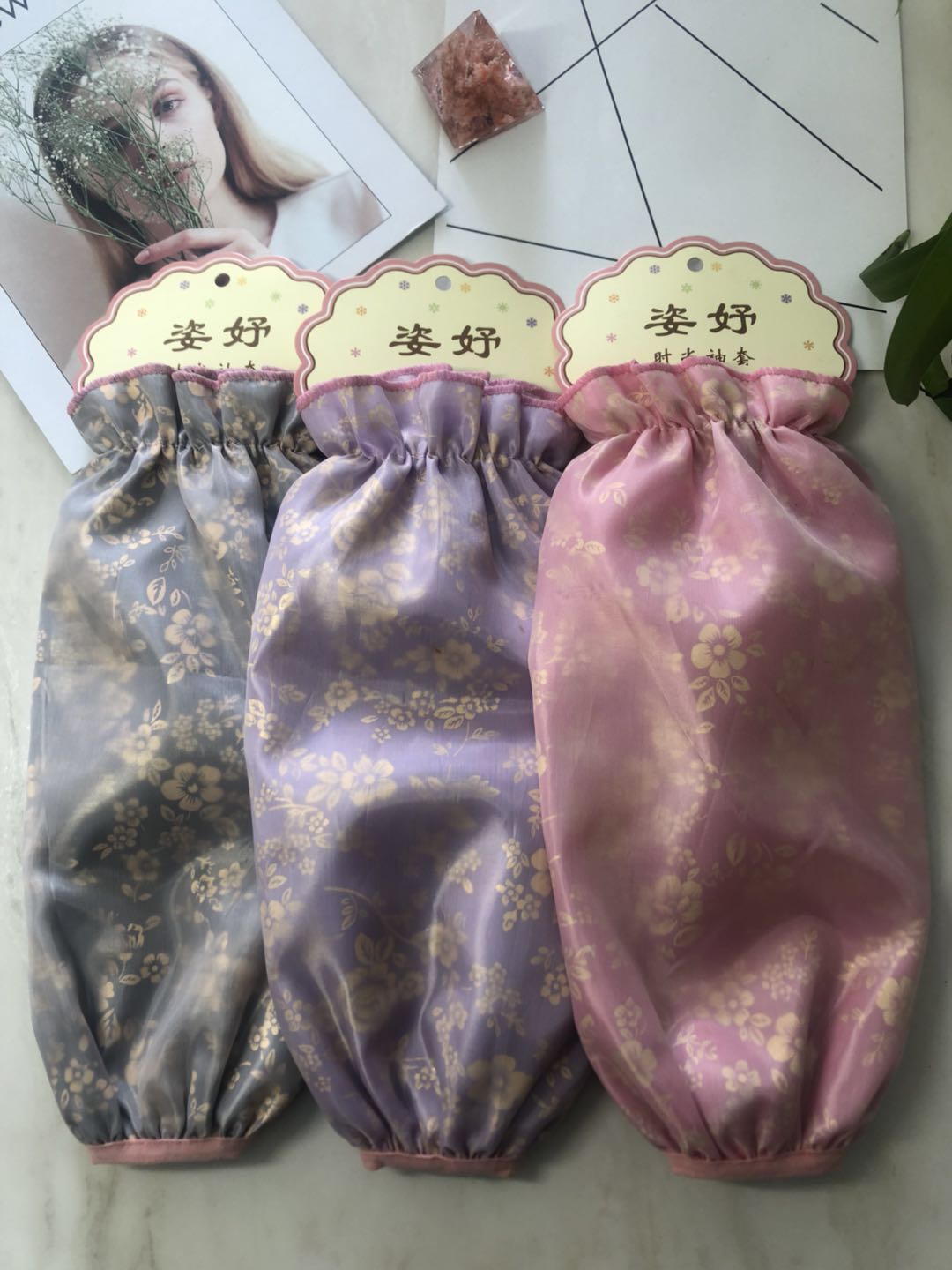 冬季双层袖套防水防污袖套烫金网纱袖套蕾丝袖套女细节图