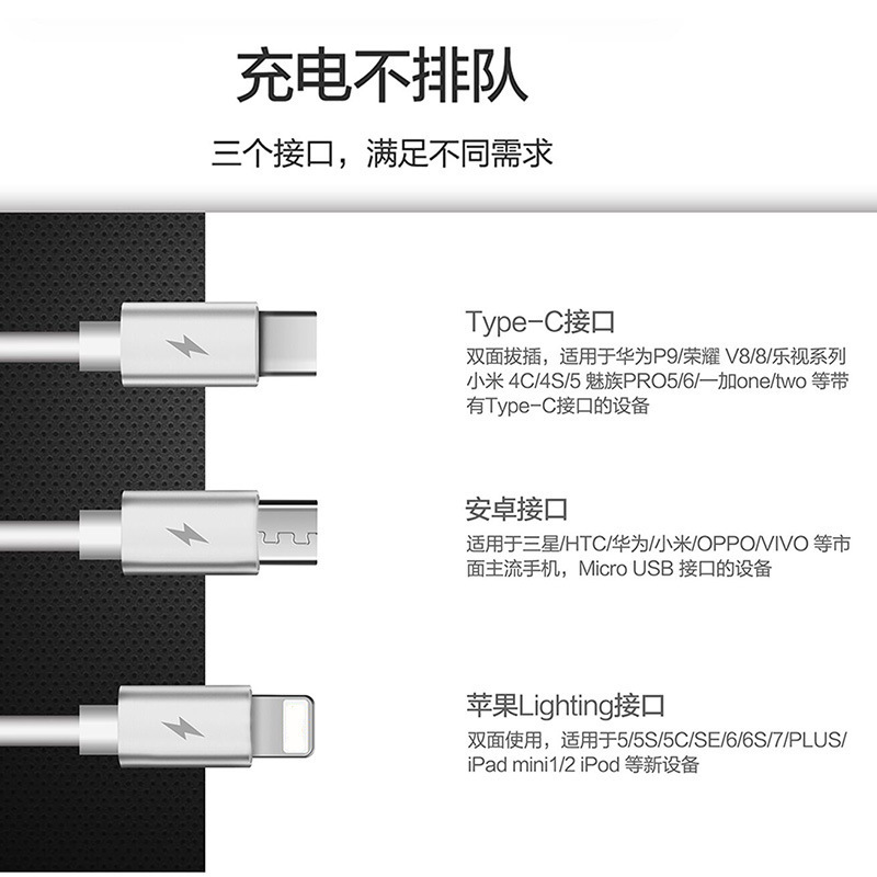 Ochilon L125 1-minute 3-charging cable for ios and Android V8 Type-c interface mobile phone, 1-to-3 data cable Specification image