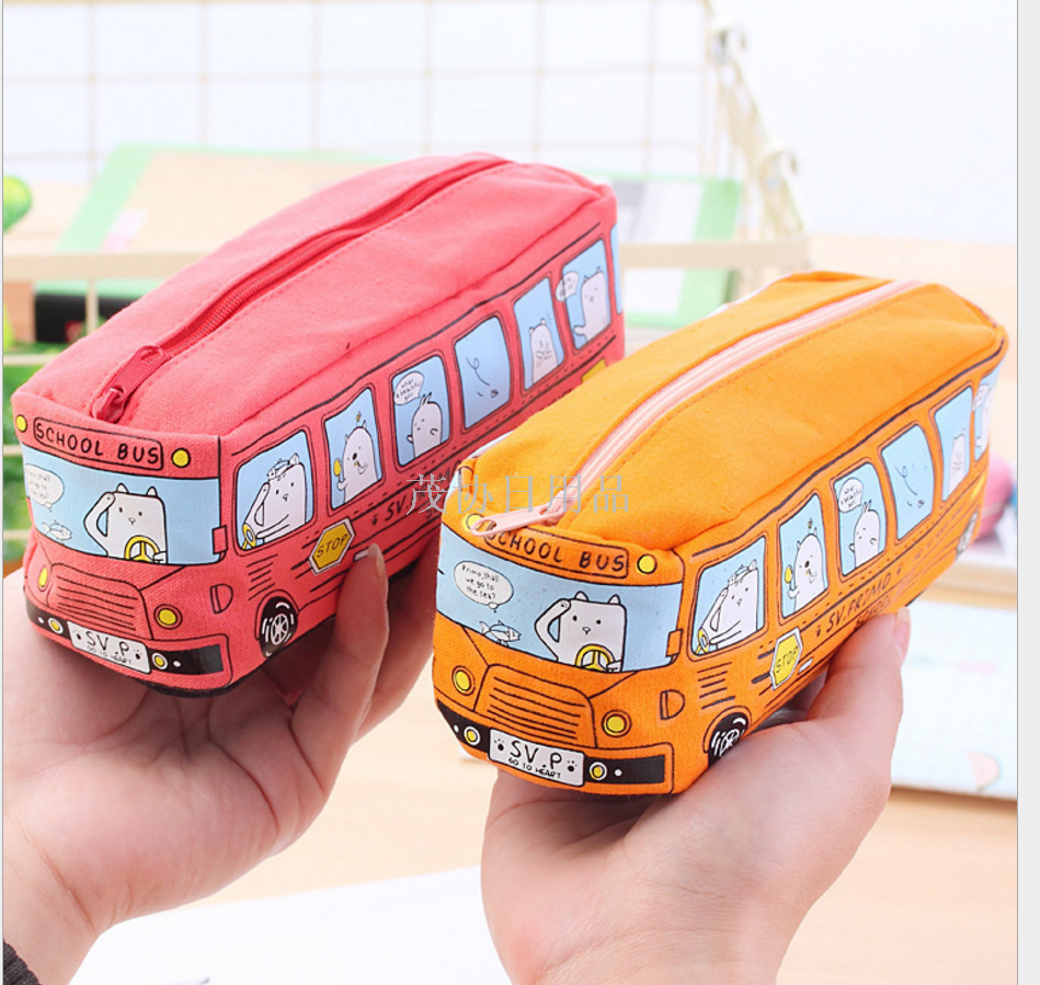 创意学生文具小动物巴士笔袋 公交铅笔盒 男女帆布文具盒细节图