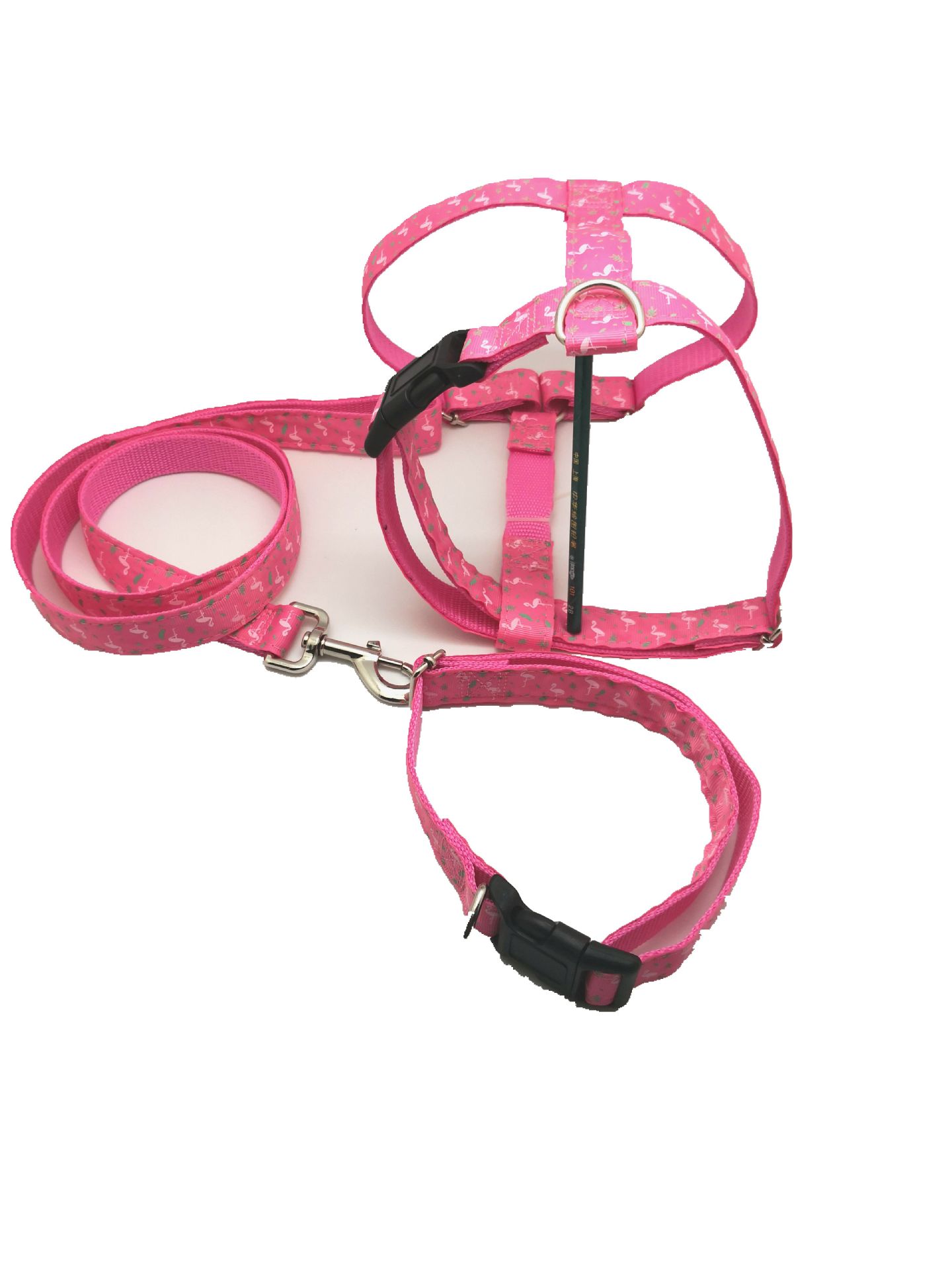 宠物 工厂直销 牵引绳项圈胸背套装 火烈鸟图案产品图