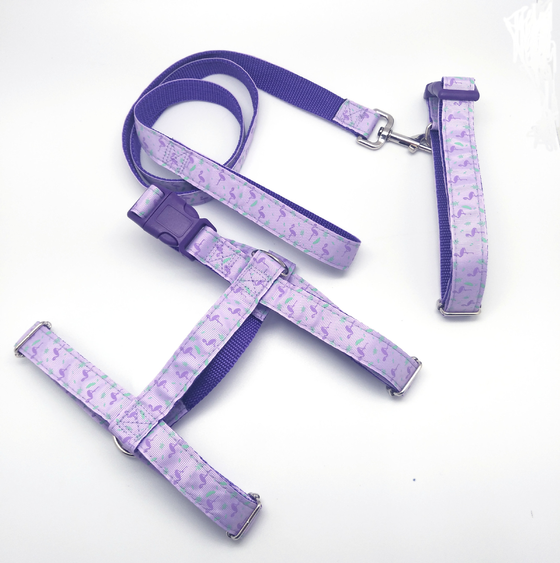 宠物 工厂直销 牵引绳项圈胸背套装 火烈鸟图案