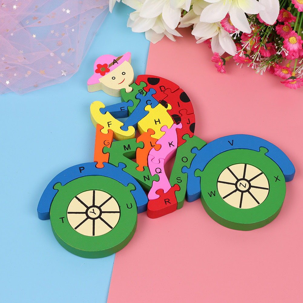 Jokincy Children's Day Gift: Educational Enlightenment 26 English Letters and Numbers Recognition Wooden Puzzle Bicycle Specification image