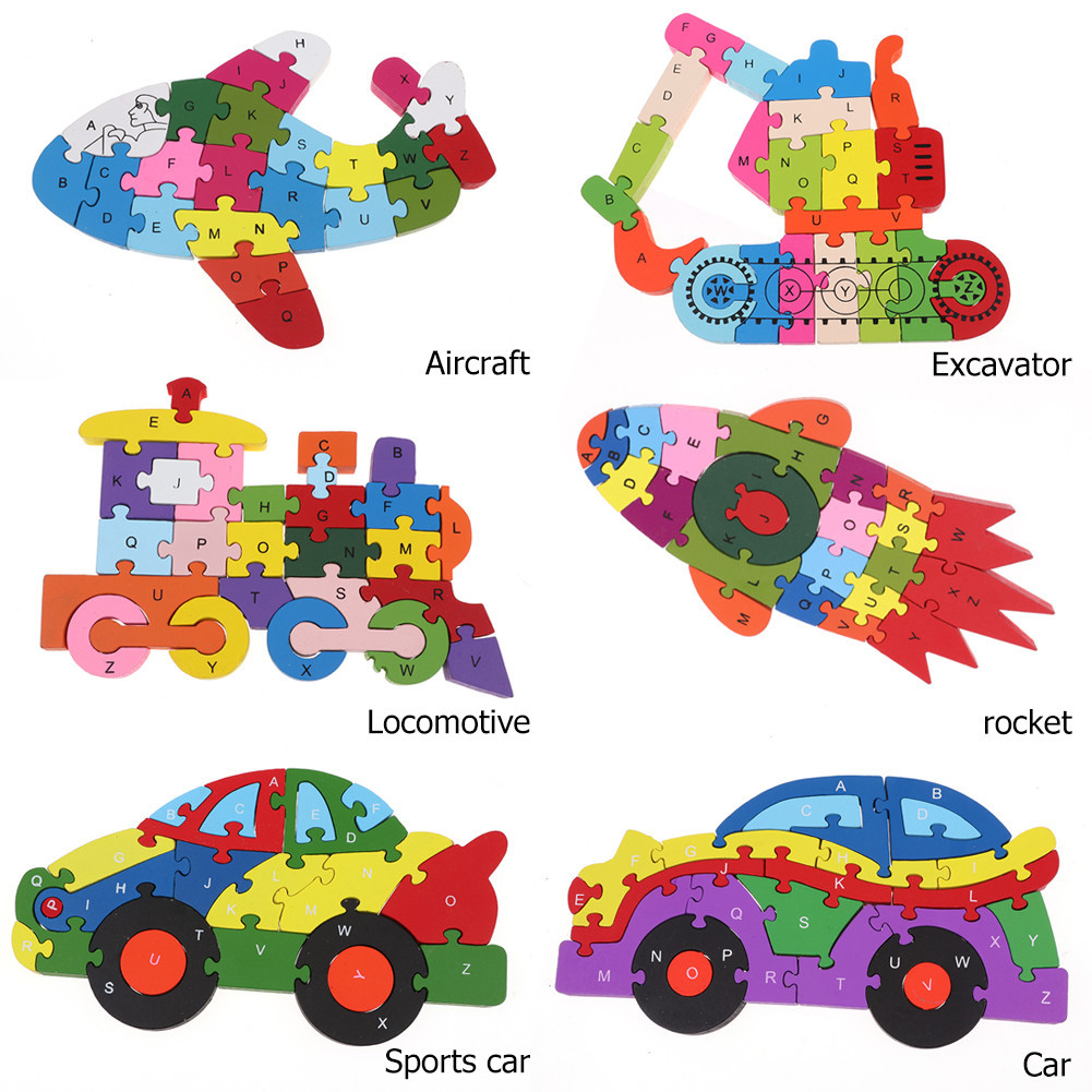 Children's educational enlightenment toys: 26-letter and number cognitive three-dimensional transportation vehicle wooden jigsaw puzzle