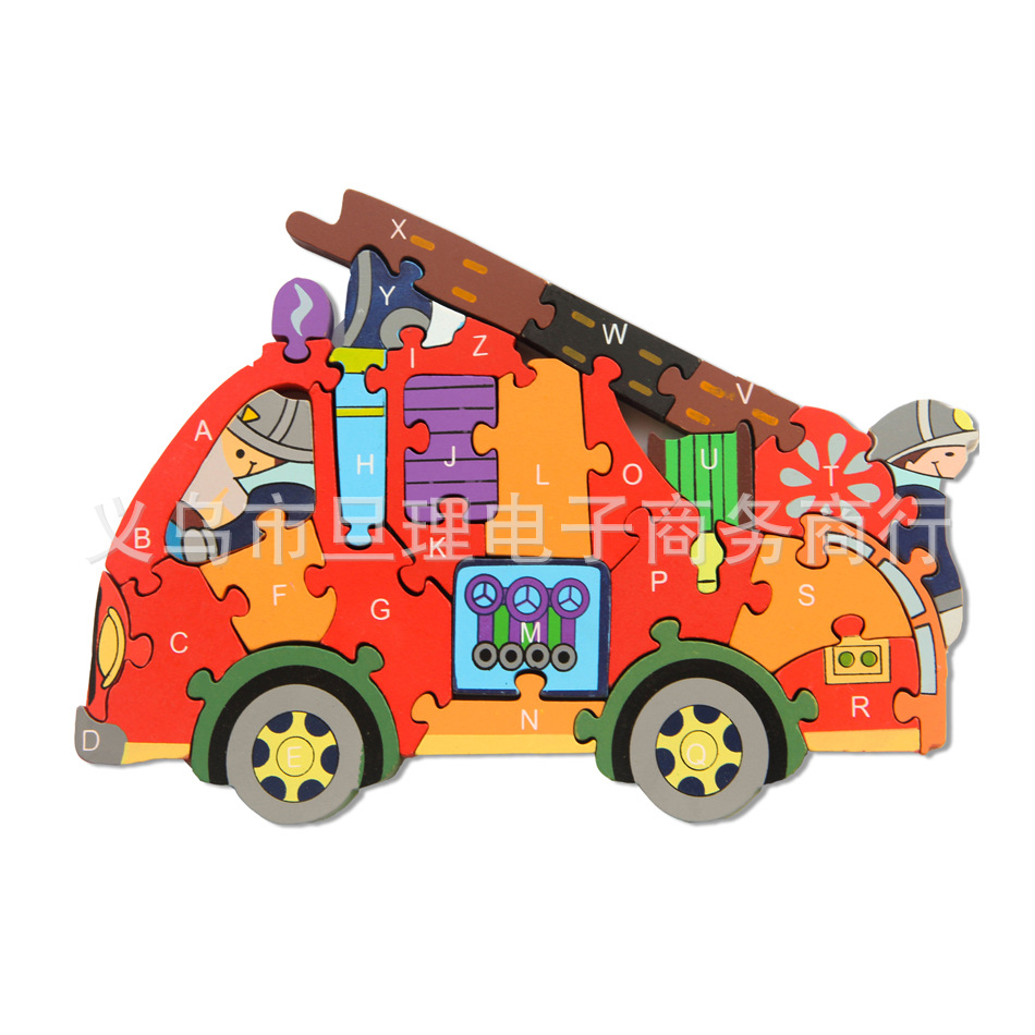 26 English letter and number jigsaw puzzles, large fire alarm and fire engine jigsaw puzzles, children's intelligence and early education eco-friendly wooden toys details Picture