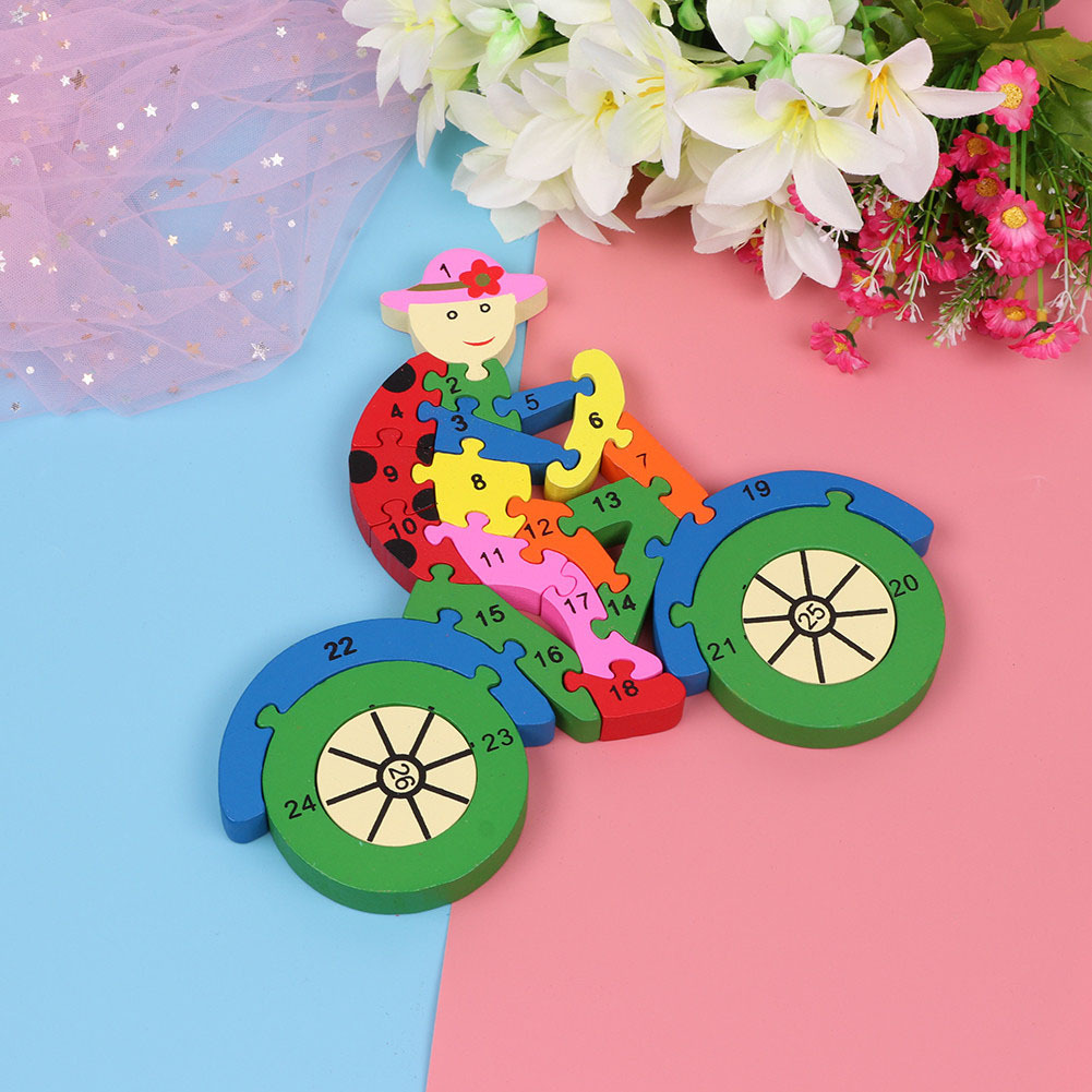 Jokincy Children's Day Gift: Educational Enlightenment 26 English Letters and Numbers Recognition Wooden Puzzle Bicycle Application Scenario