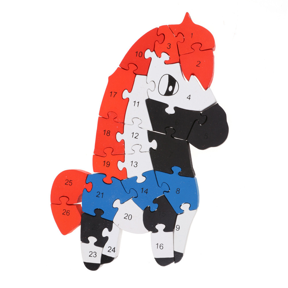Jokincy Children's toys Wooden Cartoon Horse Animal jigsaw Puzzle 26 pieces English Letter and Number building blocks details Picture