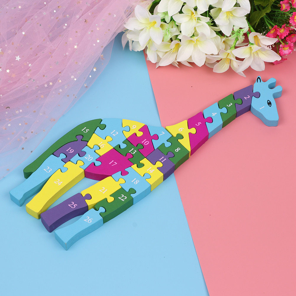 Jokincy Wooden Giraffe Animal Jigsaw Puzzle 26 pieces of English letter and number building blocks Specification image