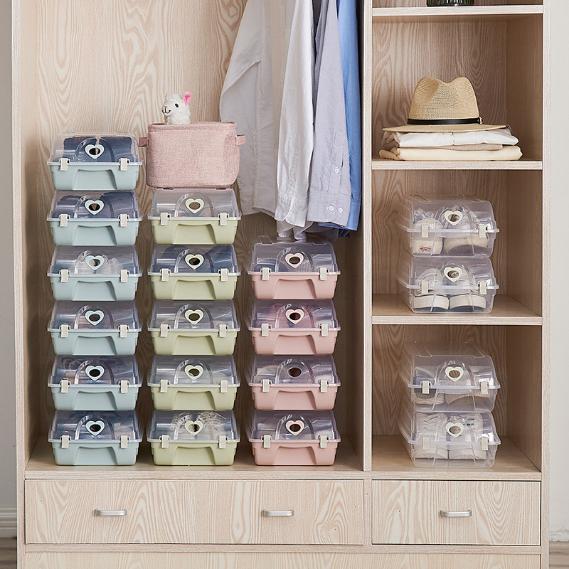 批发新款时尚简易收纳鞋盒 加厚塑料鞋盒 透明翻盖可叠加防潮鞋盒