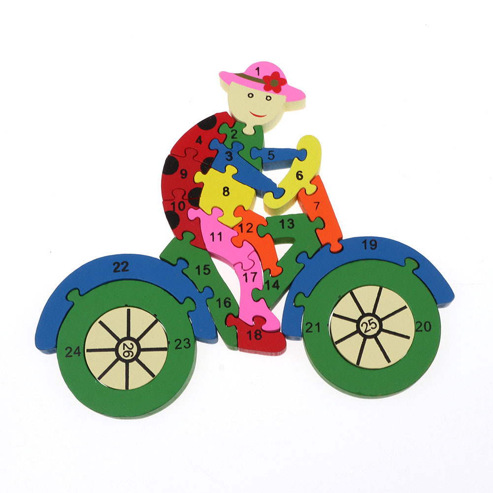 Jokincy Children's Day Gift: Educational Enlightenment 26 English Letters and Numbers Recognition Wooden Puzzle Bicycle details Picture