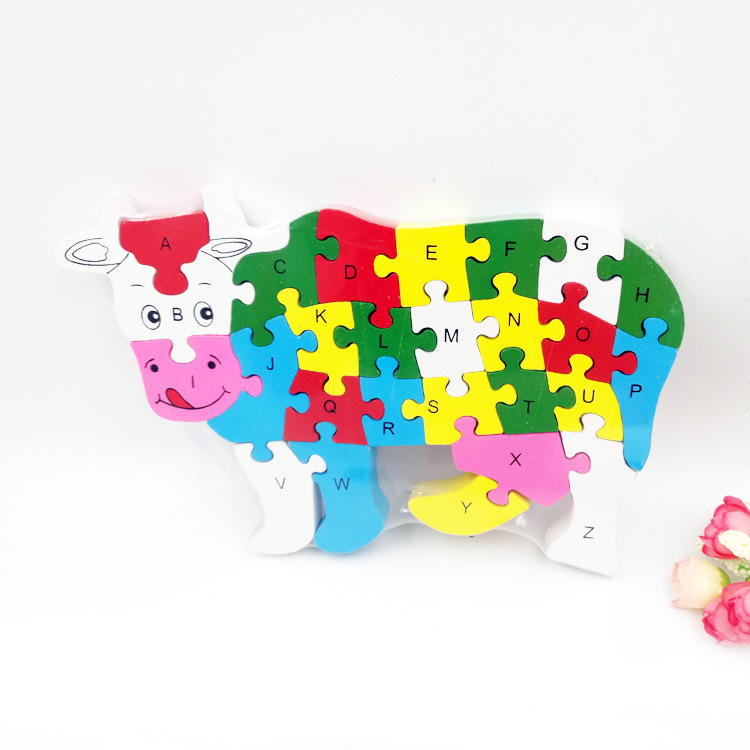 Jokincy English Letter and Number Wooden Colorful Cow Puzzle board Children's educational toy assembly Specification image