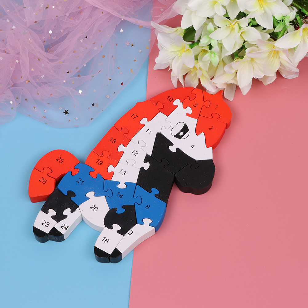 Jokincy Children's toys Wooden Cartoon Horse Animal jigsaw Puzzle 26 pieces English Letter and Number building blocks Specification image